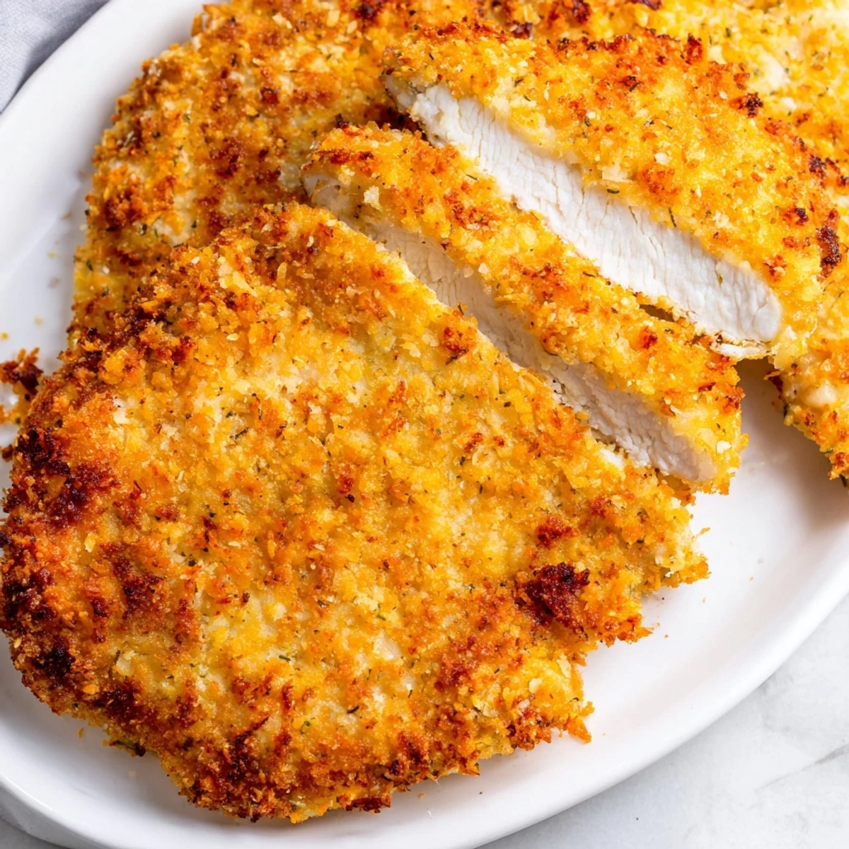 Juicy air fryer parmesan crusted chicken with golden crumbs and melted parmesan, sliced to reveal tender meat inside.