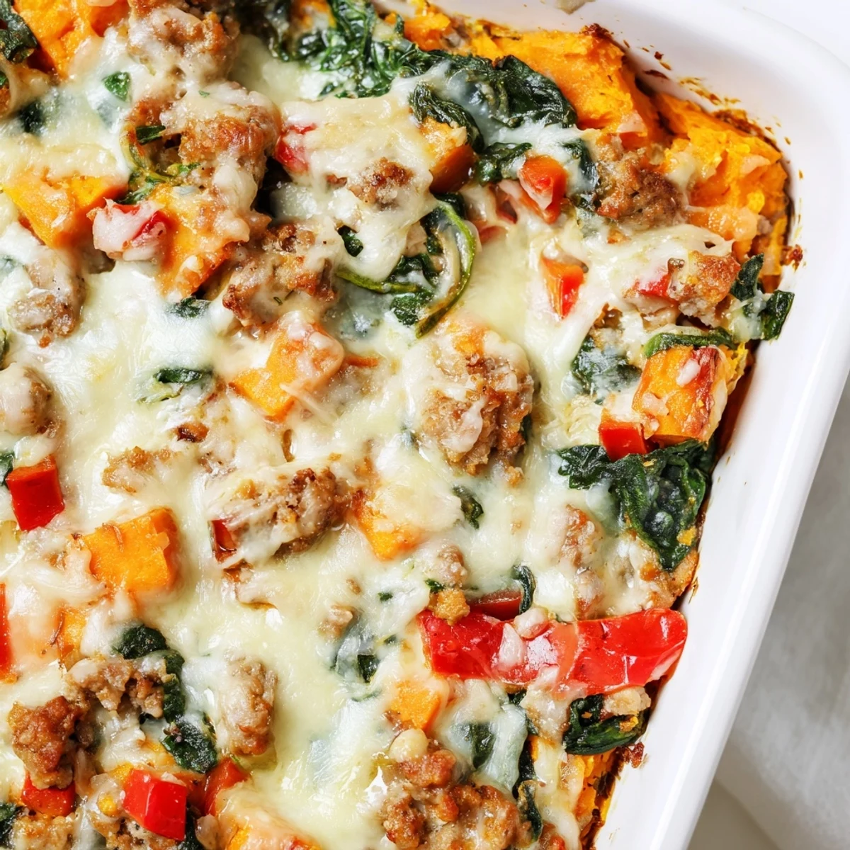 A close-up of Ground Turkey Sweet Potato Bake bubbling with melted mozzarella and Parmesan, served in a rustic dish.