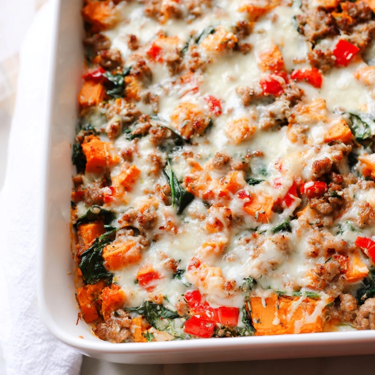 Golden brown Ground Turkey Sweet Potato Bake fresh from the oven, with tender sweet potatoes and herbs visible.