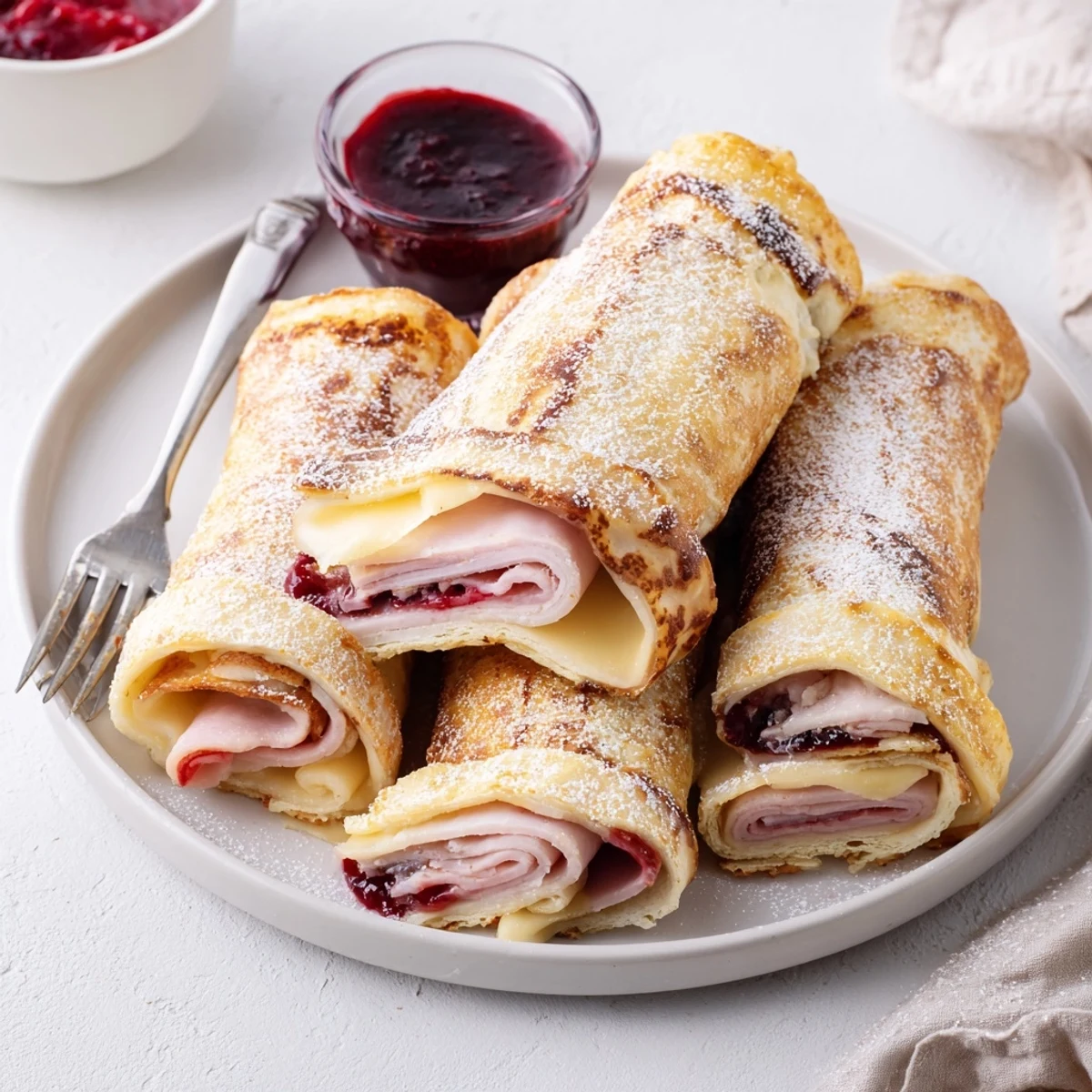 Golden-brown Monte Cristo Roll Ups stacked on a plate, dusted with powdered sugar and served with raspberry jam for dipping.