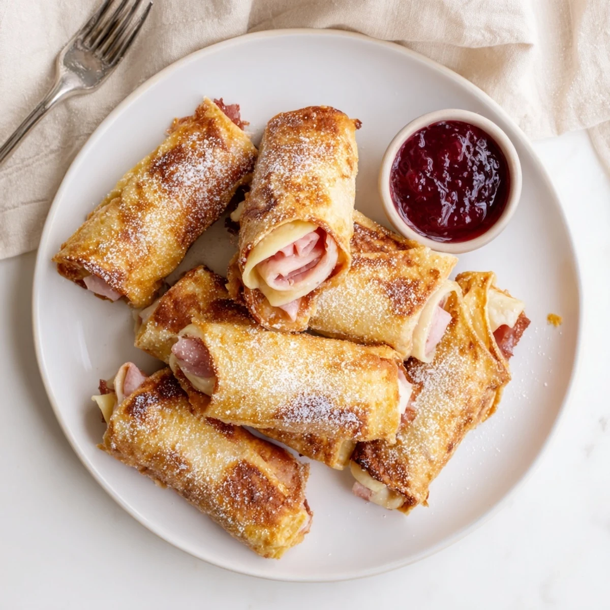 Monte Cristo Roll Ups reveal melted Swiss cheese, ham, and turkey inside crispy egg-dipped bread slices on a wooden board.