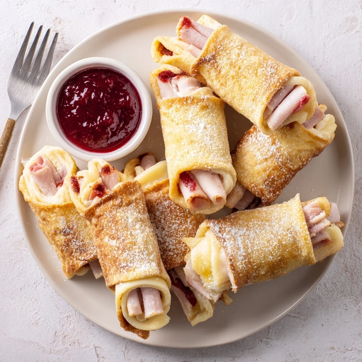 Serve these Monte Cristo Roll Ups warm with a side of jam, showcasing golden crusts and savory fillings in daylight.
