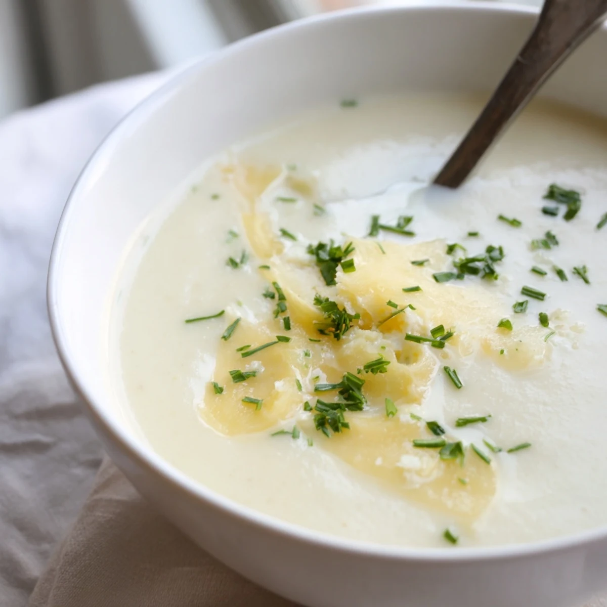 A close-up of creamy Asiago Roasted Garlic Cauliflower Soup in a rustic bowl, topped with fresh chives and grated cheese.