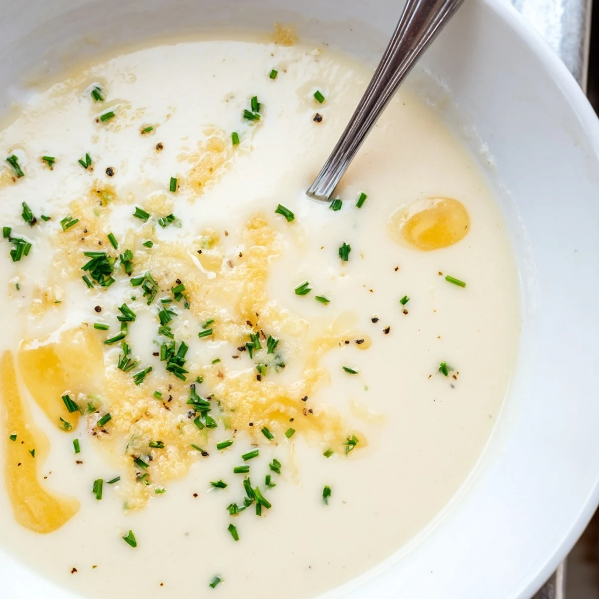 Roasted cauliflower and garlic simmer into this golden Asiago Roasted Garlic Cauliflower Soup, served with crusty bread on the side.