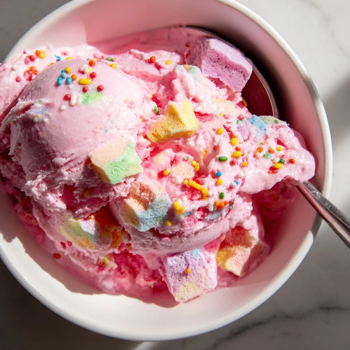 Creamy pink no churn bubblegum ice cream topped with colorful sprinkles in a white bowl.
