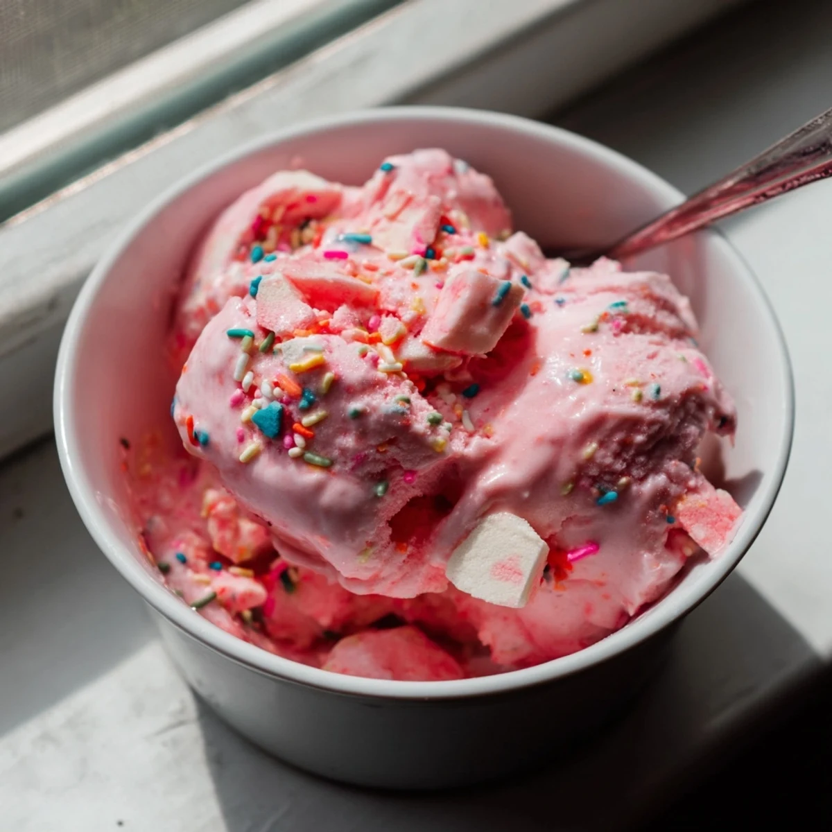 Frozen no churn bubblegum ice cream in a loaf pan garnished with chewy bubblegum pieces.