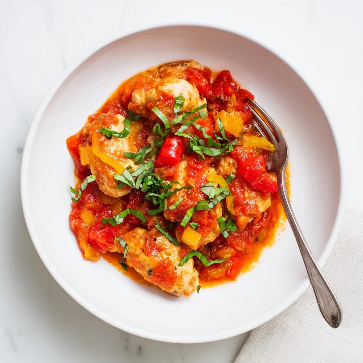 Slow cooker tomato basil chicken is served over creamy polenta, garnished with fresh basil.