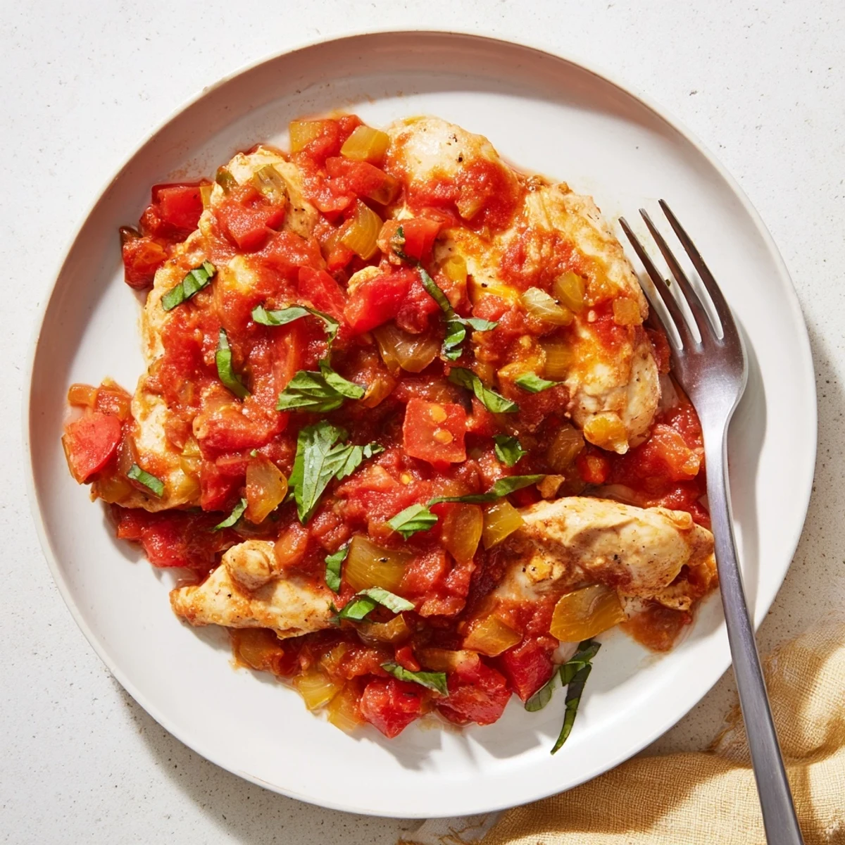 Tender chicken breasts in rich tomato basil sauce are spooned over pasta for serving.