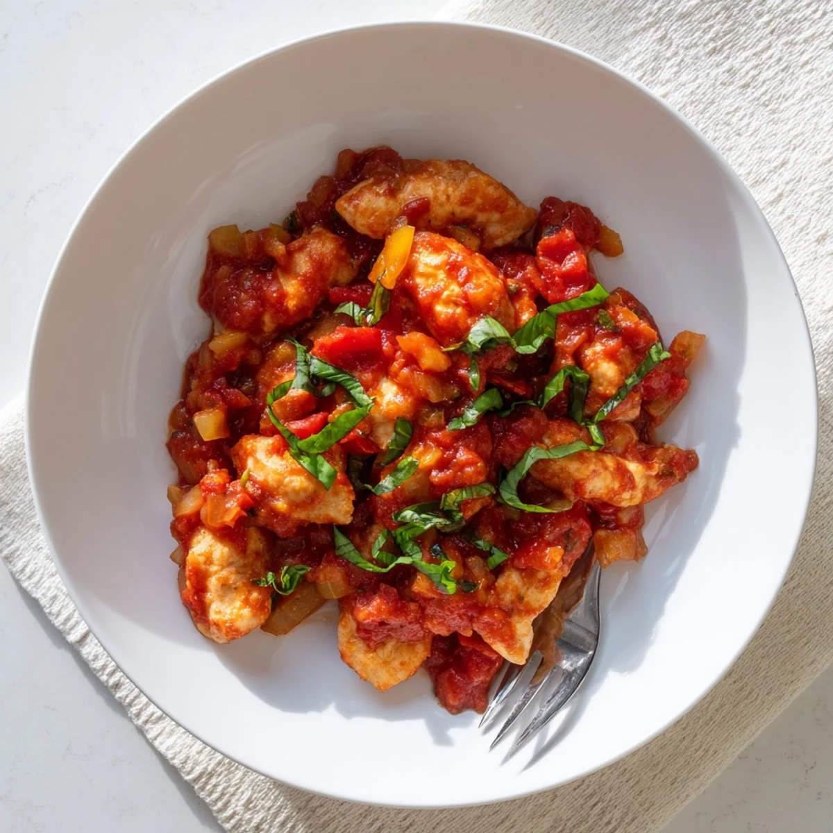 A comforting bowl of slow cooker tomato basil chicken sits beside crusty artisan bread.