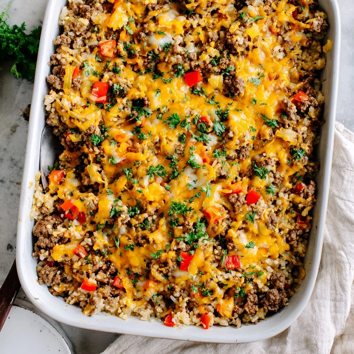 Golden-brown Ground Beef Casserole with Cauliflower Rice emerges from the oven with bubbly cheese and fresh parsley garnish.