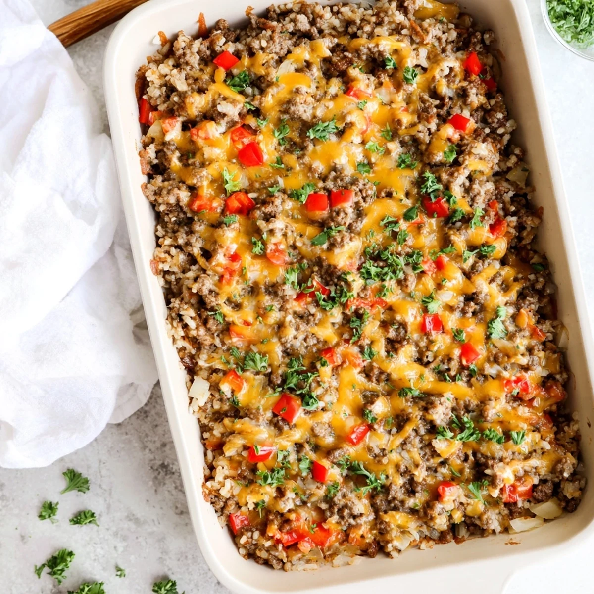 Close-up slice of creamy Ground Beef Casserole with Cauliflower Rice reveals layers of savory beef and tender veggies.