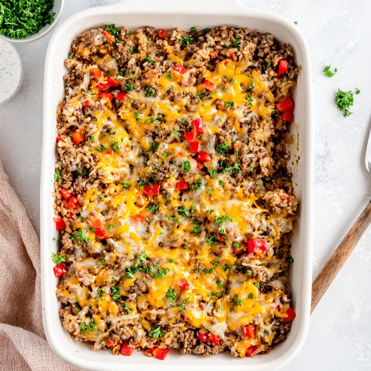 Weeknight dinner plate of Ground Beef Casserole with Cauliflower Rice beside a crisp green salad.