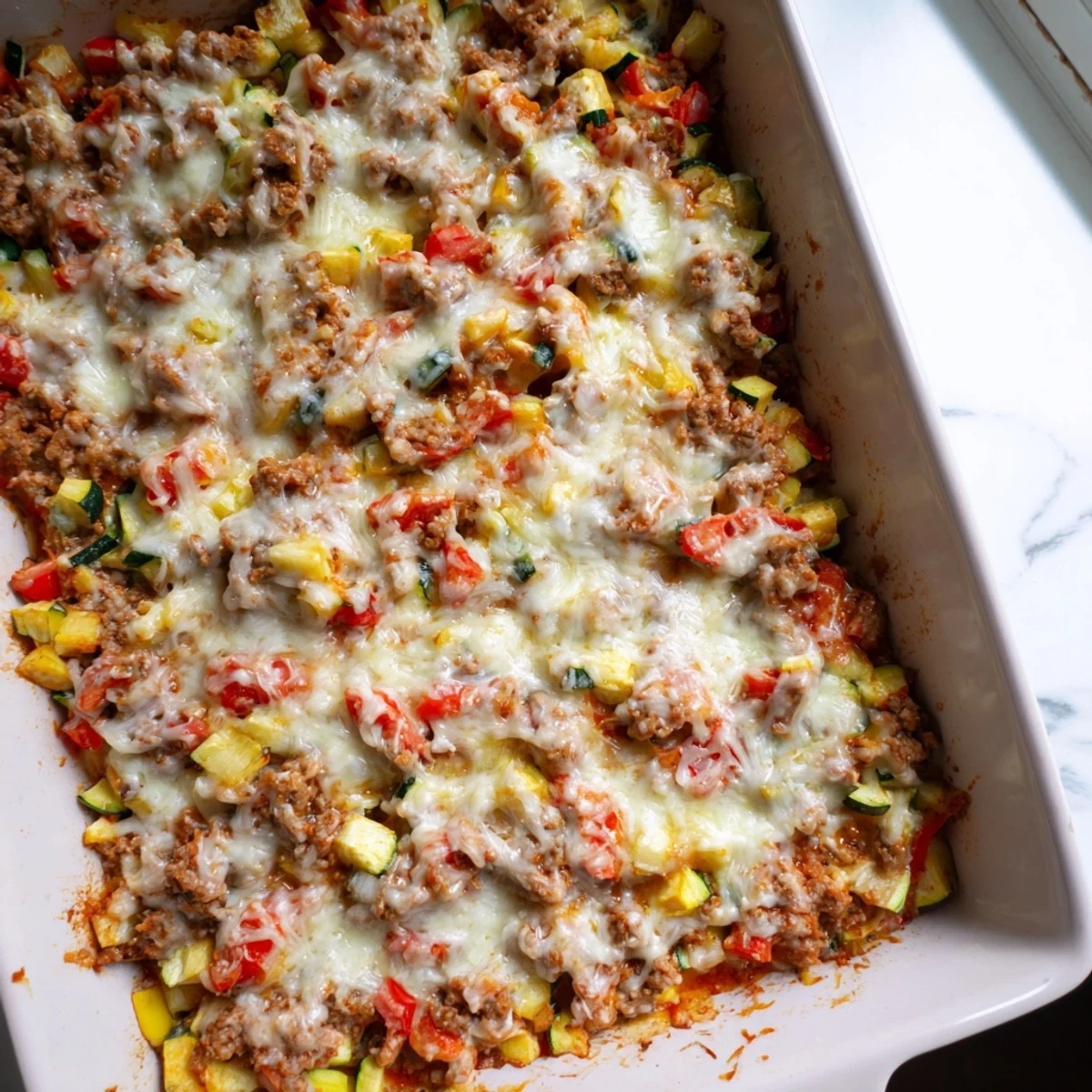 A close-up of golden, bubbly Easy Ground Turkey Zucchini Casserole fresh from the oven, served in a white dish.
