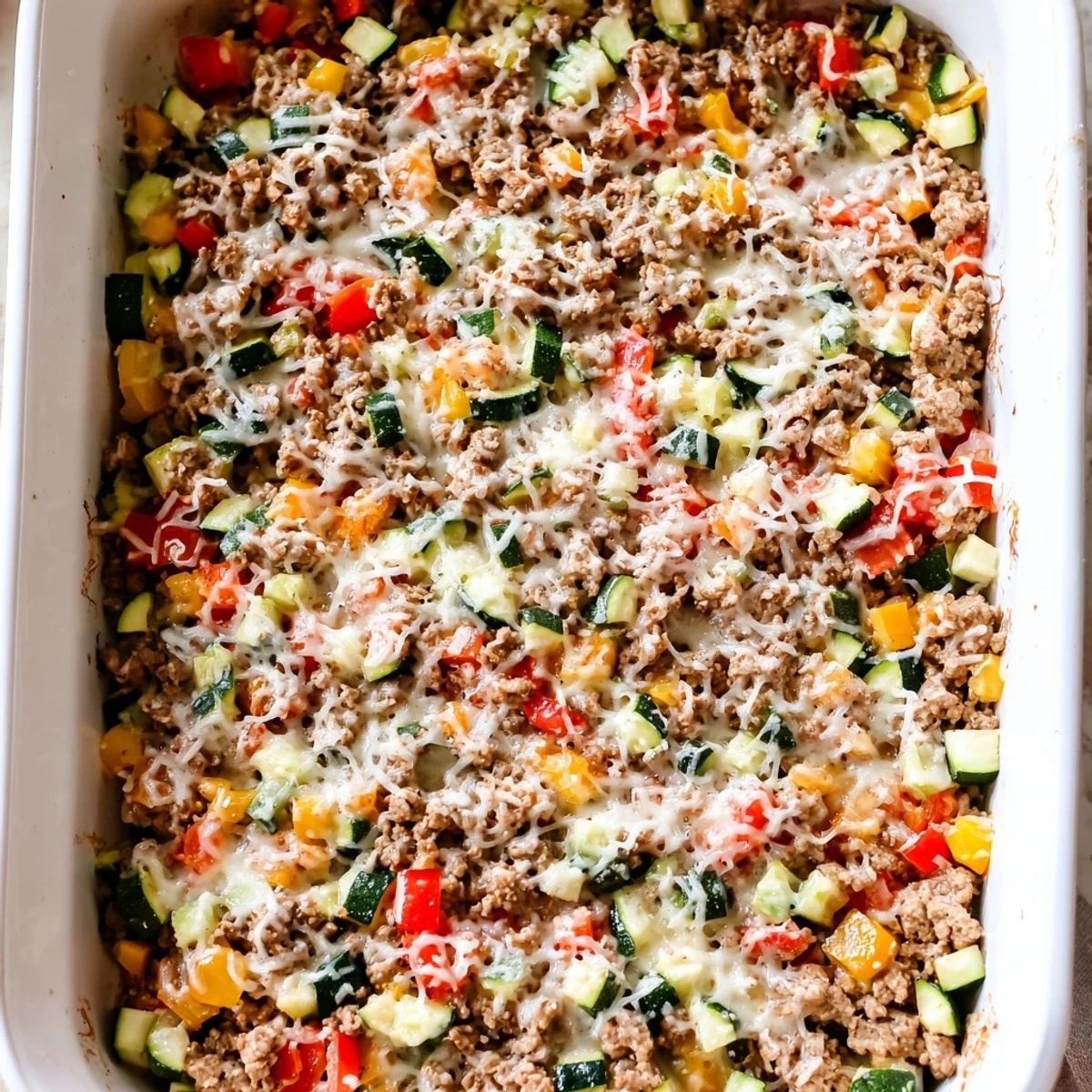 The baked Easy Ground Turkey Zucchini Casserole reveals layers of tender zucchini and ground turkey under a melted cheese topping.