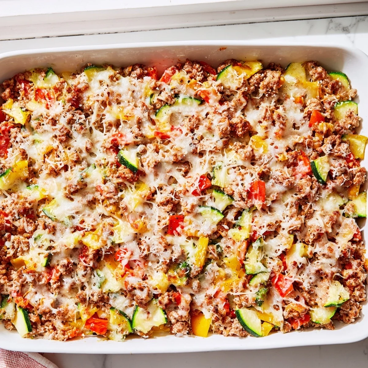 A hearty slice of Easy Ground Turkey Zucchini Casserole is plated next to a fresh green salad for a cozy meal.