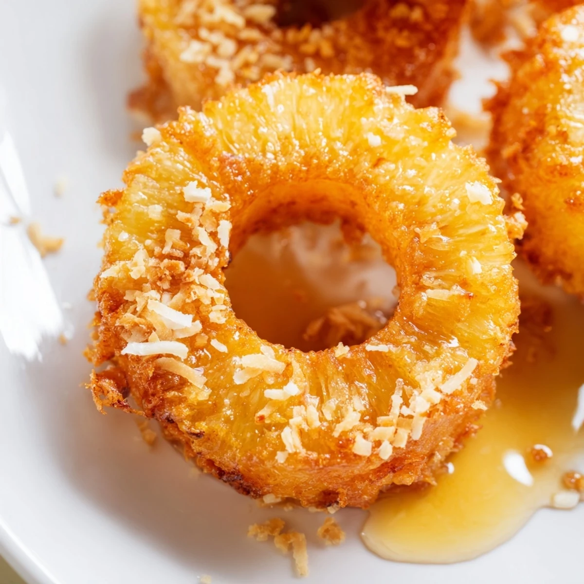 Golden fried pineapple rings sit on a plate, caramelized edges glistening under a drizzle of honey and toasted coconut.