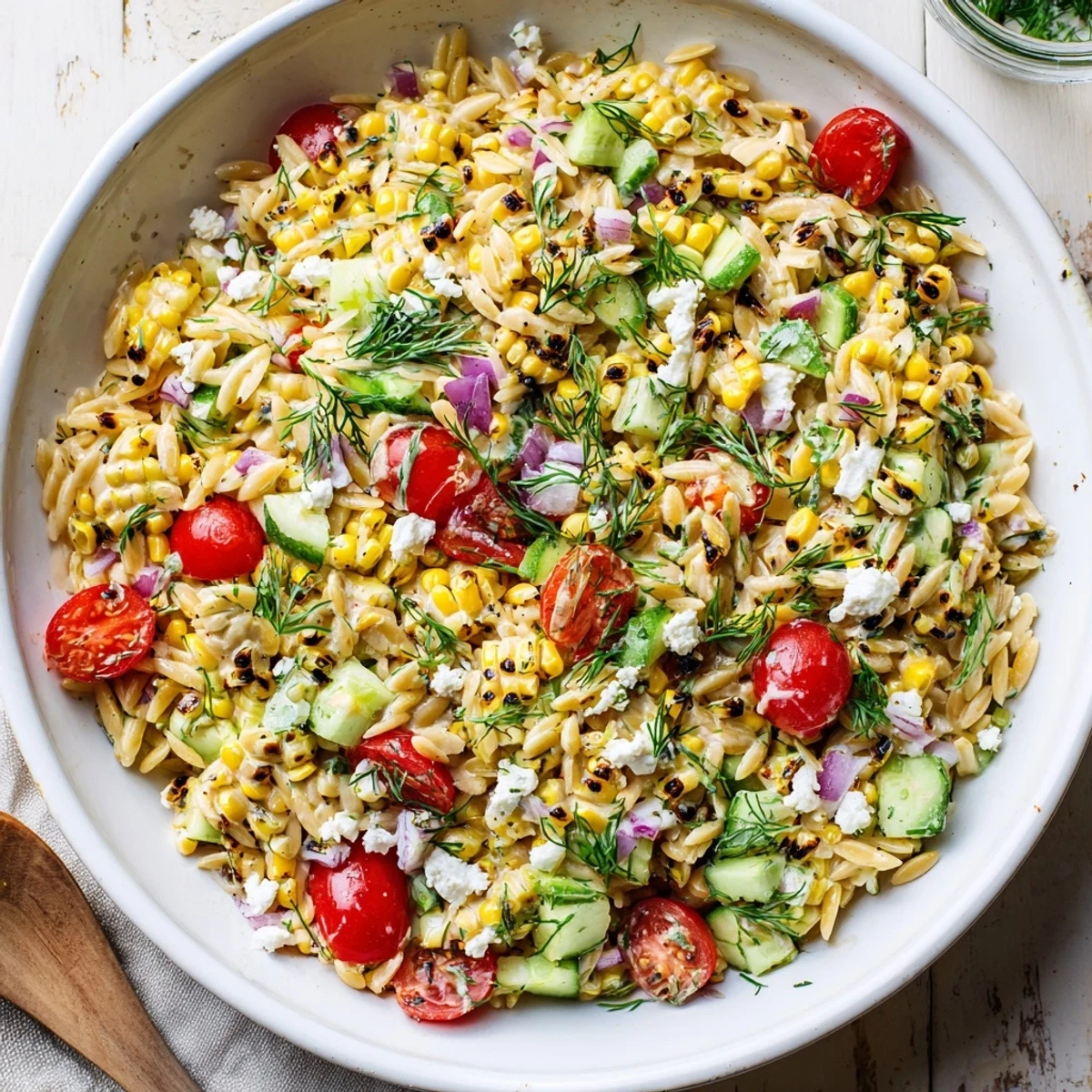 Overhead view of Grilled Corn Orzo Salad with Scallion Dill Dressing, tossed with vibrant cucumbers and red onion.