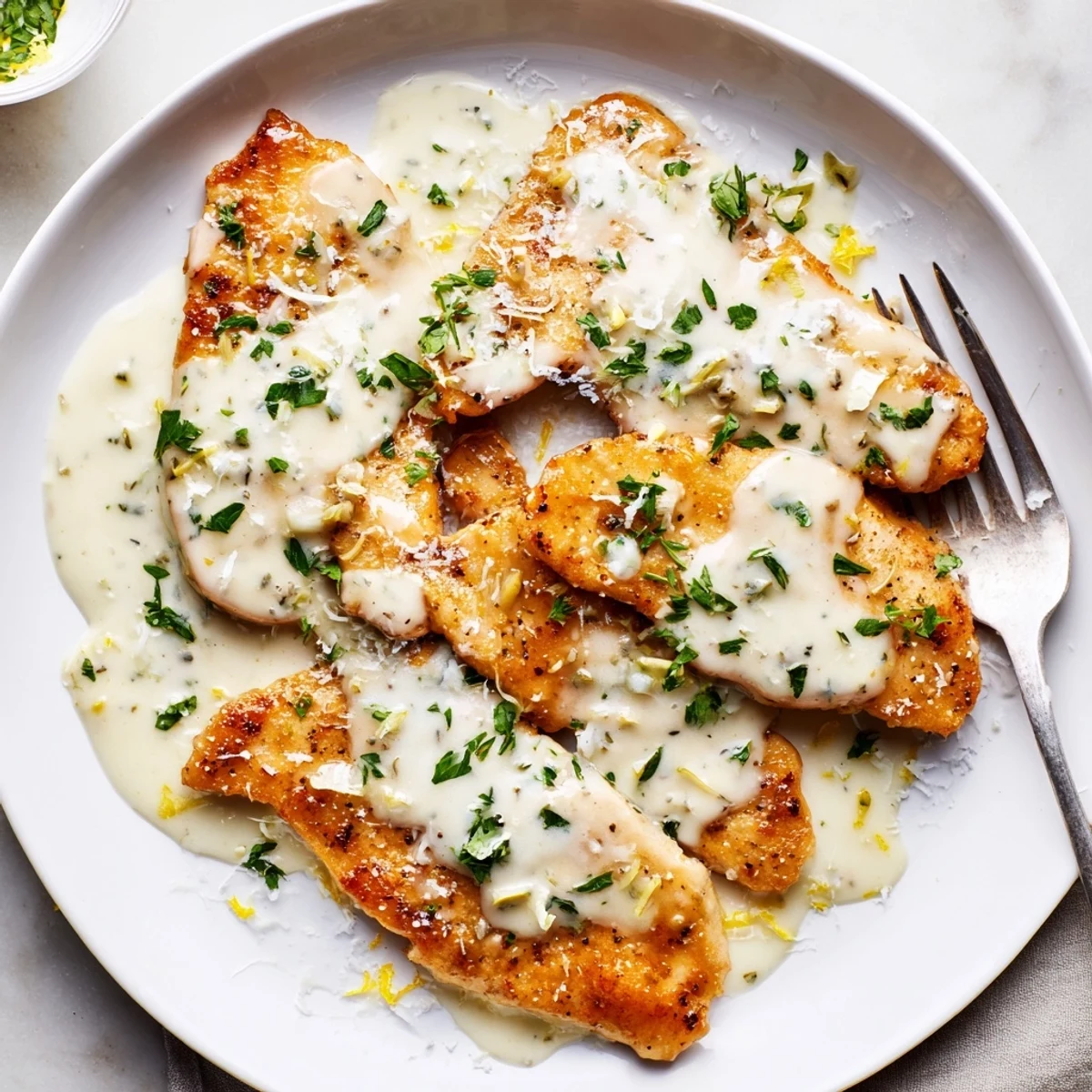 Golden brown chicken breasts coated in a velvety Creamy Parmesan Lemon Chicken sauce with fresh parsley garnish.