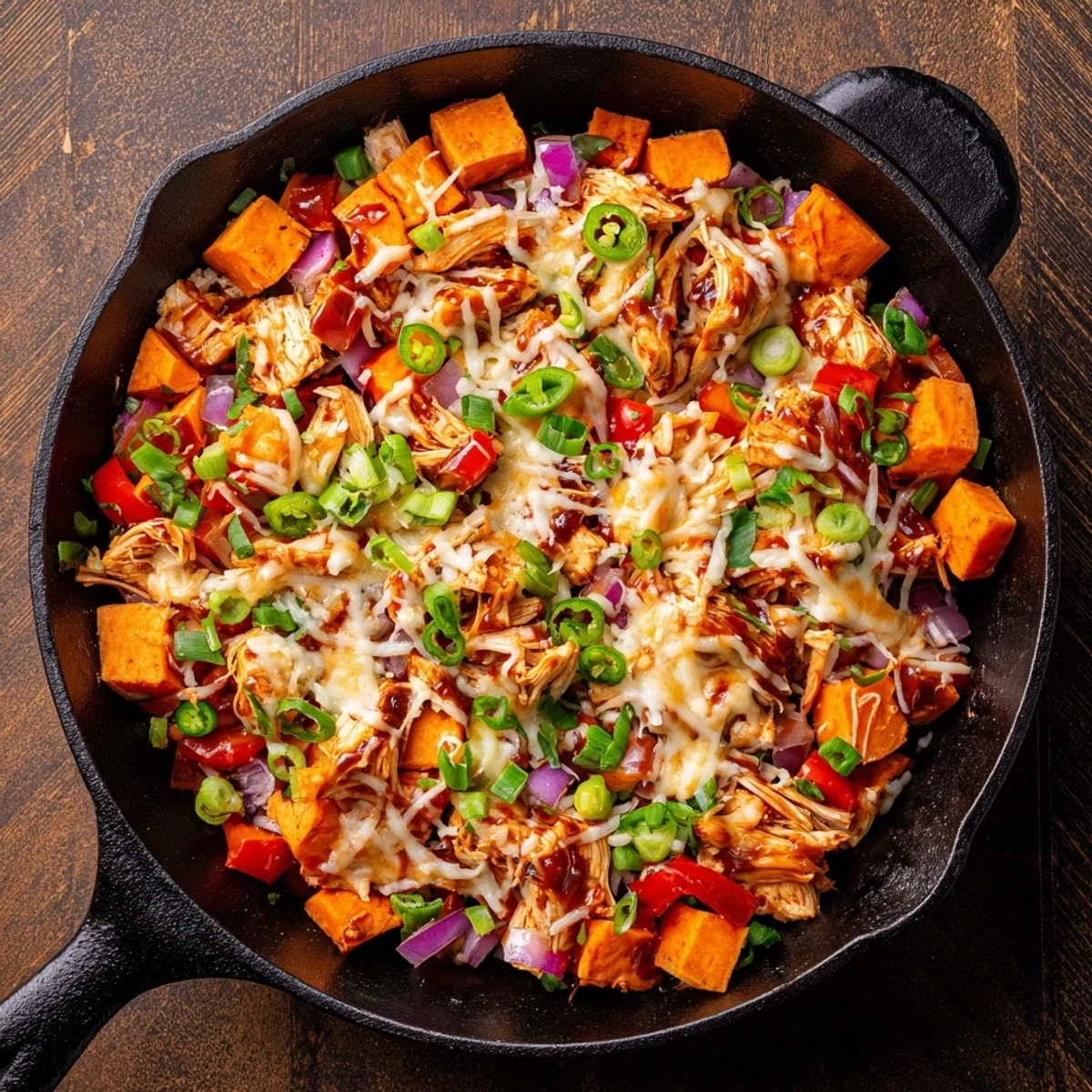 Golden melted cheddar and mozzarella blanket smoky BBQ chicken and tender sweet potatoes in this one-pan skillet, garnished with fresh green onions.