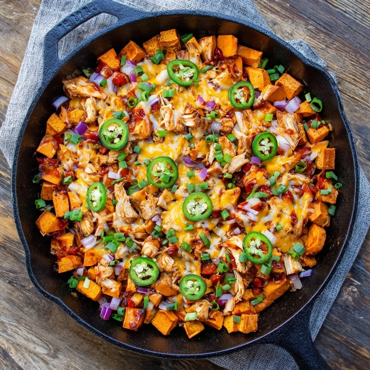 Sizzling skillet meal features diced sweet potatoes, peppers, and onions topped with saucy BBQ chicken and a bubbly, cheesy crust.