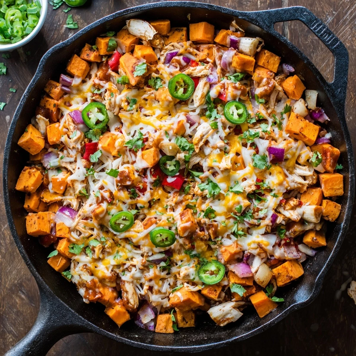Easy weeknight dinner shows a cast-iron skillet of sweet potatoes, shredded BBQ chicken, and melty cheese with jalapeño slices.