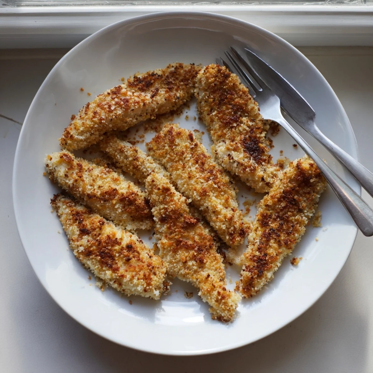 Golden, crispy Baked Garlic Parmesan Chicken breasts rest on a white plate, showcasing a savory, baked crust.