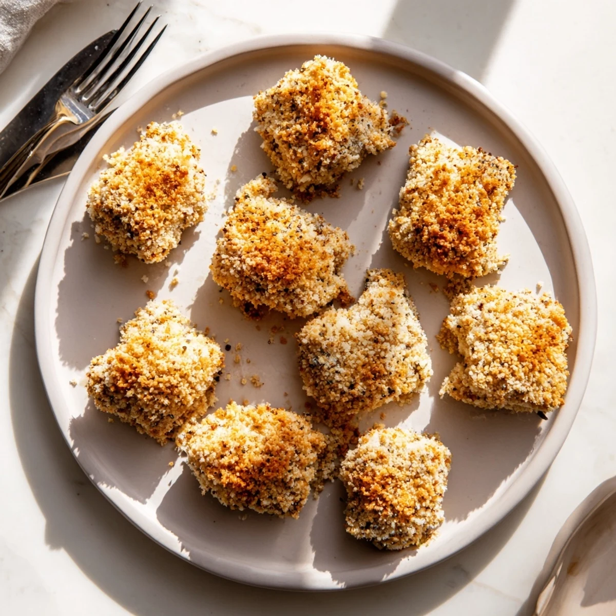 A close-up view of Baked Garlic Parmesan Chicken reveals a crunchy, golden Parmesan and panko coating.