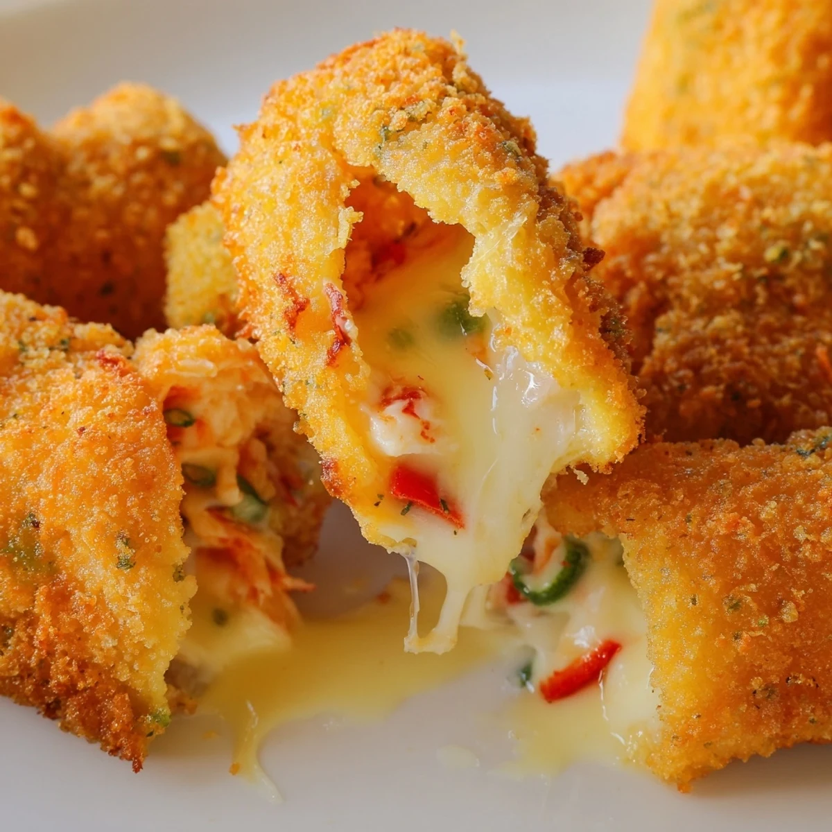 Golden-brown Cheesy Seafood Tortilla Bombs sit on a white plate, garnished with fresh parsley and lemon wedges for serving.