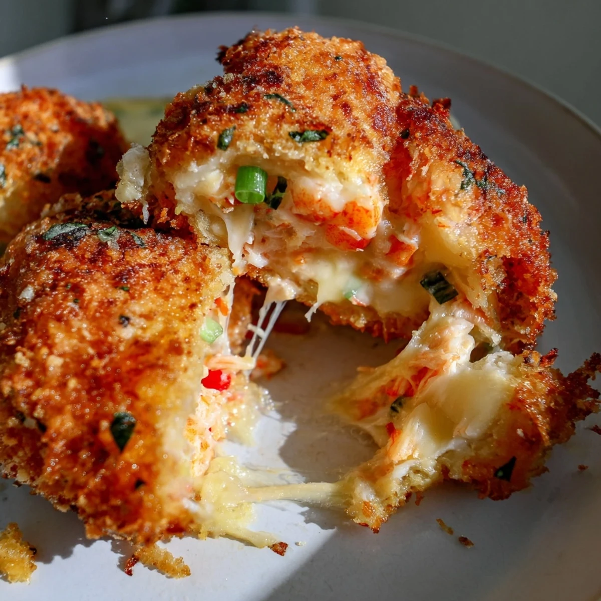 A close-up of a halved Cheesy Seafood Tortilla Bomb reveals creamy shrimp and crab filling with melted mozzarella cheese.