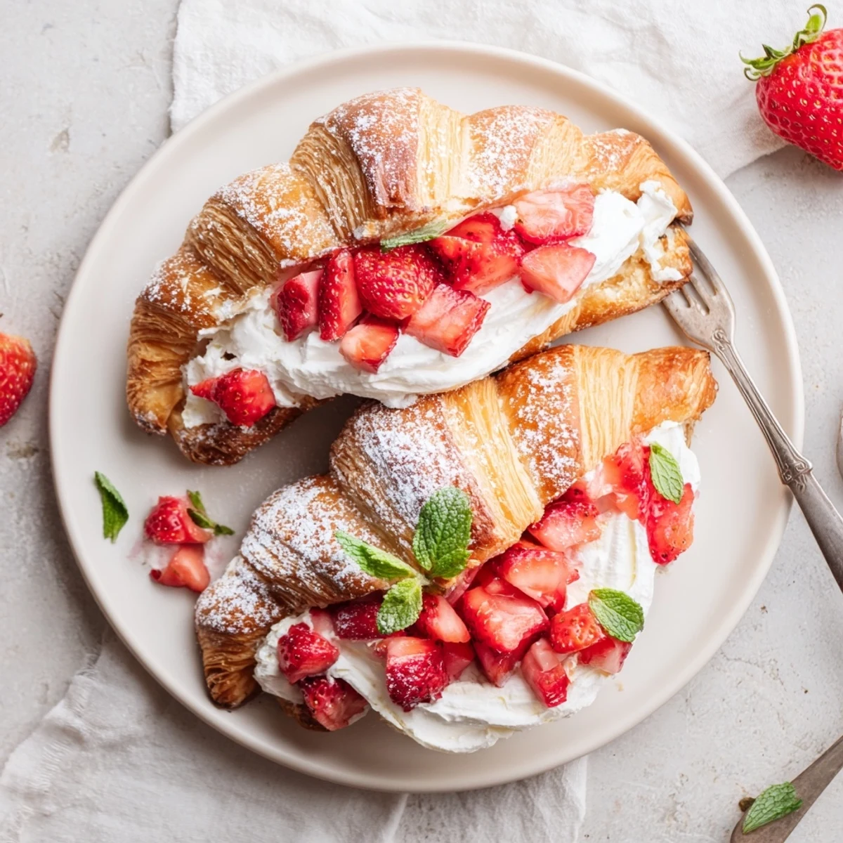 Freshly assembled Strawberry Cream Croissant with flaky pastry layers and creamy vanilla filling topped with ripe strawberries.