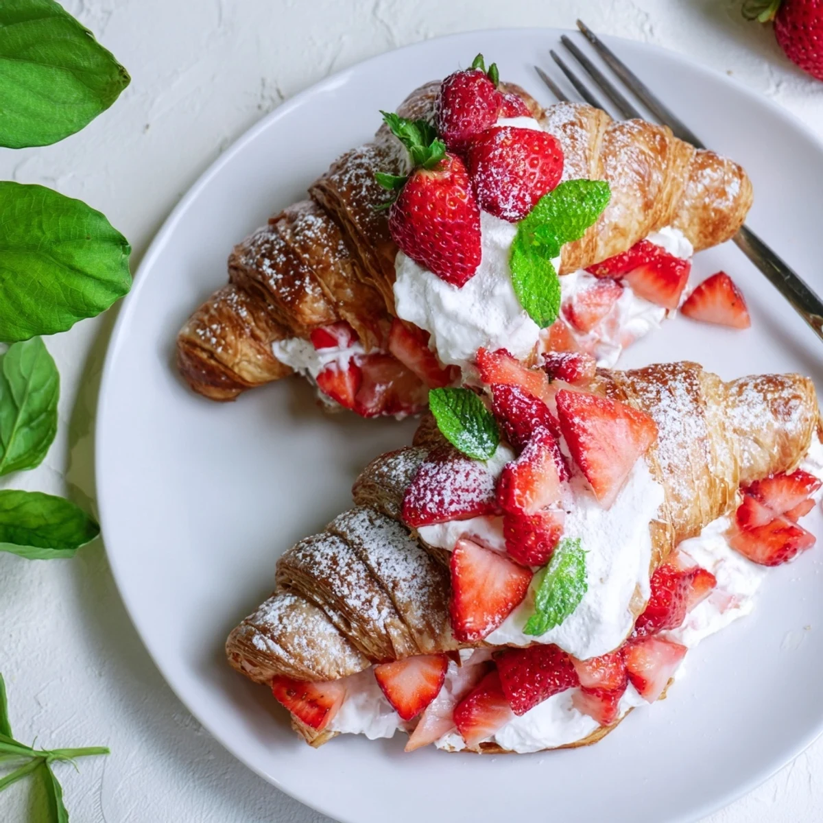 Overhead view of Strawberry Cream Croissant filled with whipped vanilla cream and juicy diced strawberries on a clean kitchen counter.