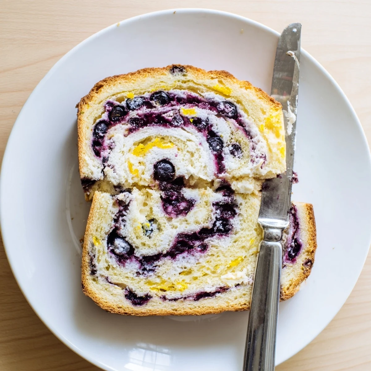 Freshly sliced Blueberry Lemon Cream Cheese Sourdough showing vibrant purple berries and bright zest.