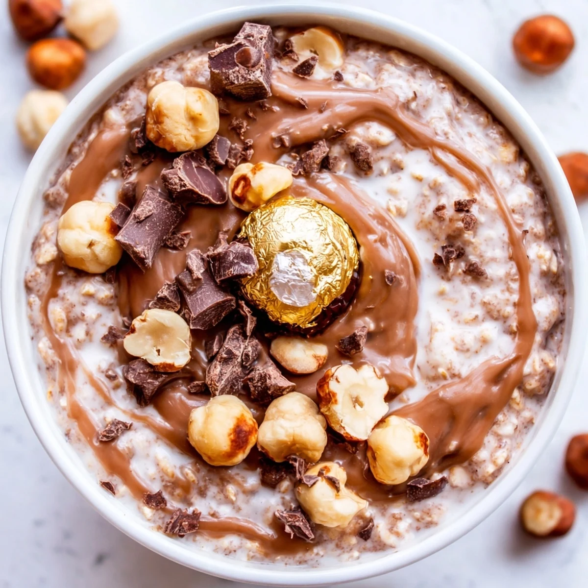 Ferrero Rocher Protein Overnight Oats layered in a glass jar topped with chopped hazelnuts and dark chocolate.