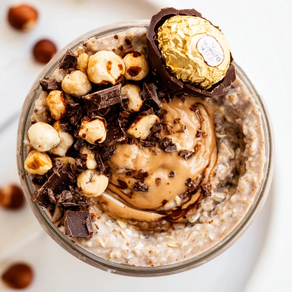 Enjoying a spoonful of Ferrero Rocher Protein Overnight Oats with creamy texture and rich chocolate drizzle.