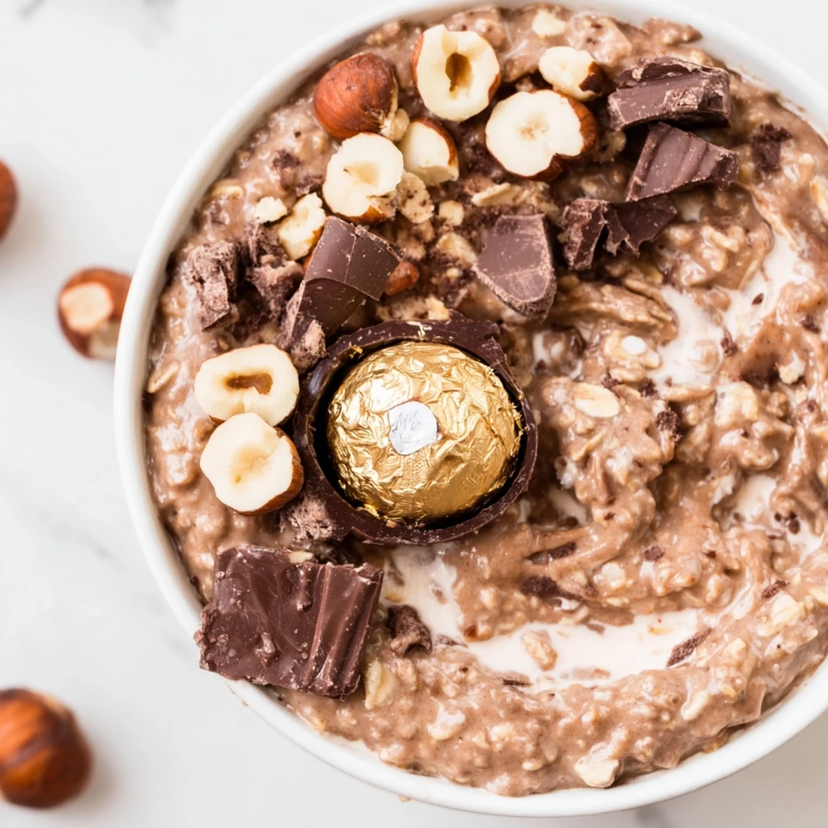 A close-up of Ferrero Rocher Protein Overnight Oats in a jar garnished with halved Ferrero Rocher chocolates.