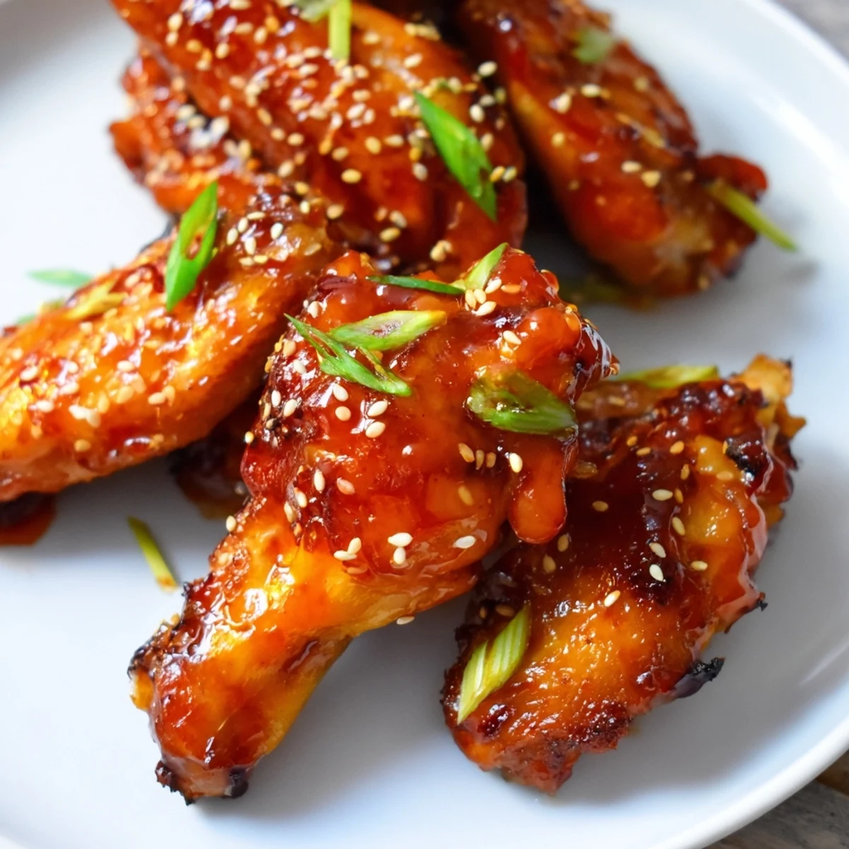 Sticky Orange Chicken Wings glistening with a sticky orange glaze, garnished with sesame seeds and sliced green onions on a platter.