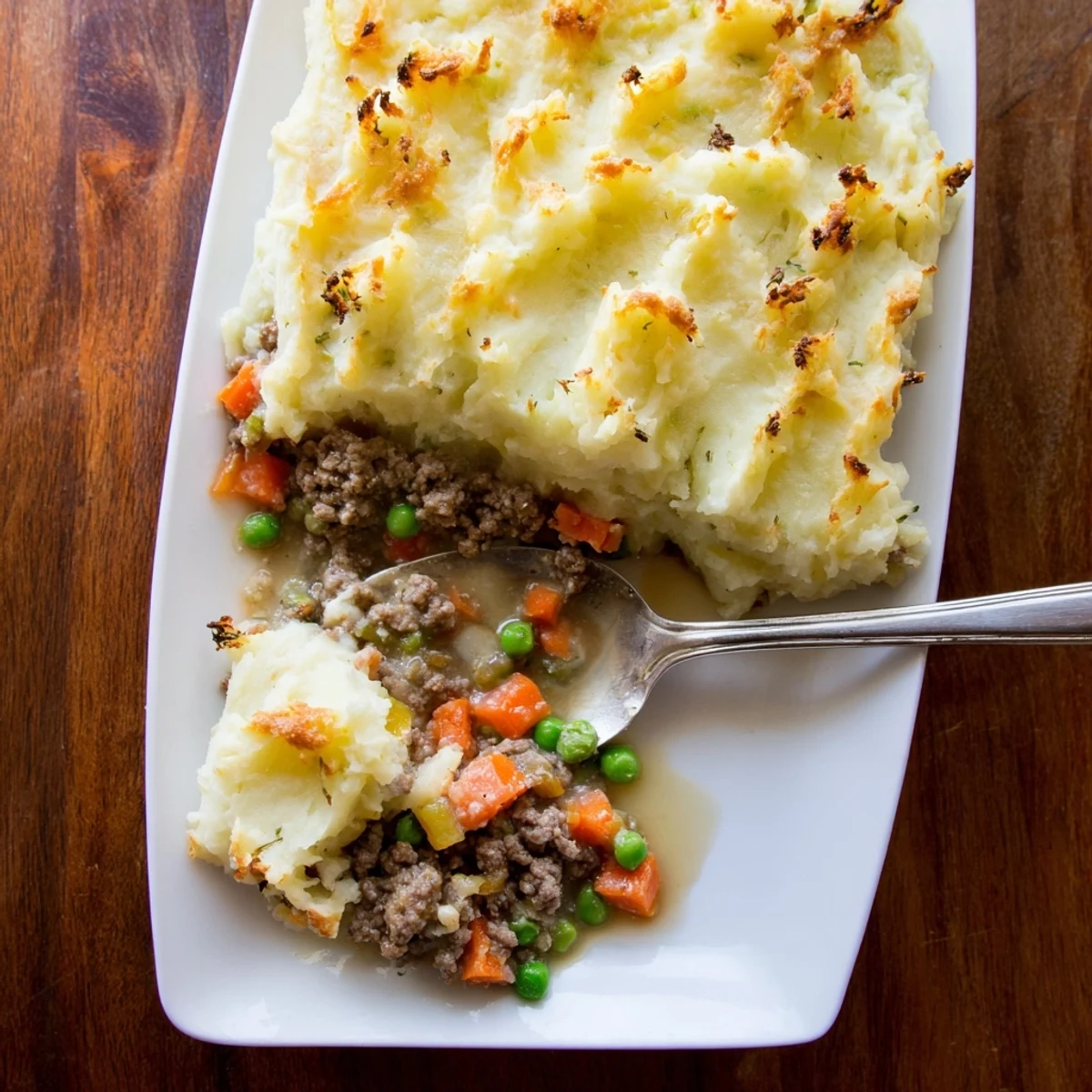 A close-up of a hearty slice of Shepherds Pie with Creamy Garlic Mashed Potatoes on a white plate.
