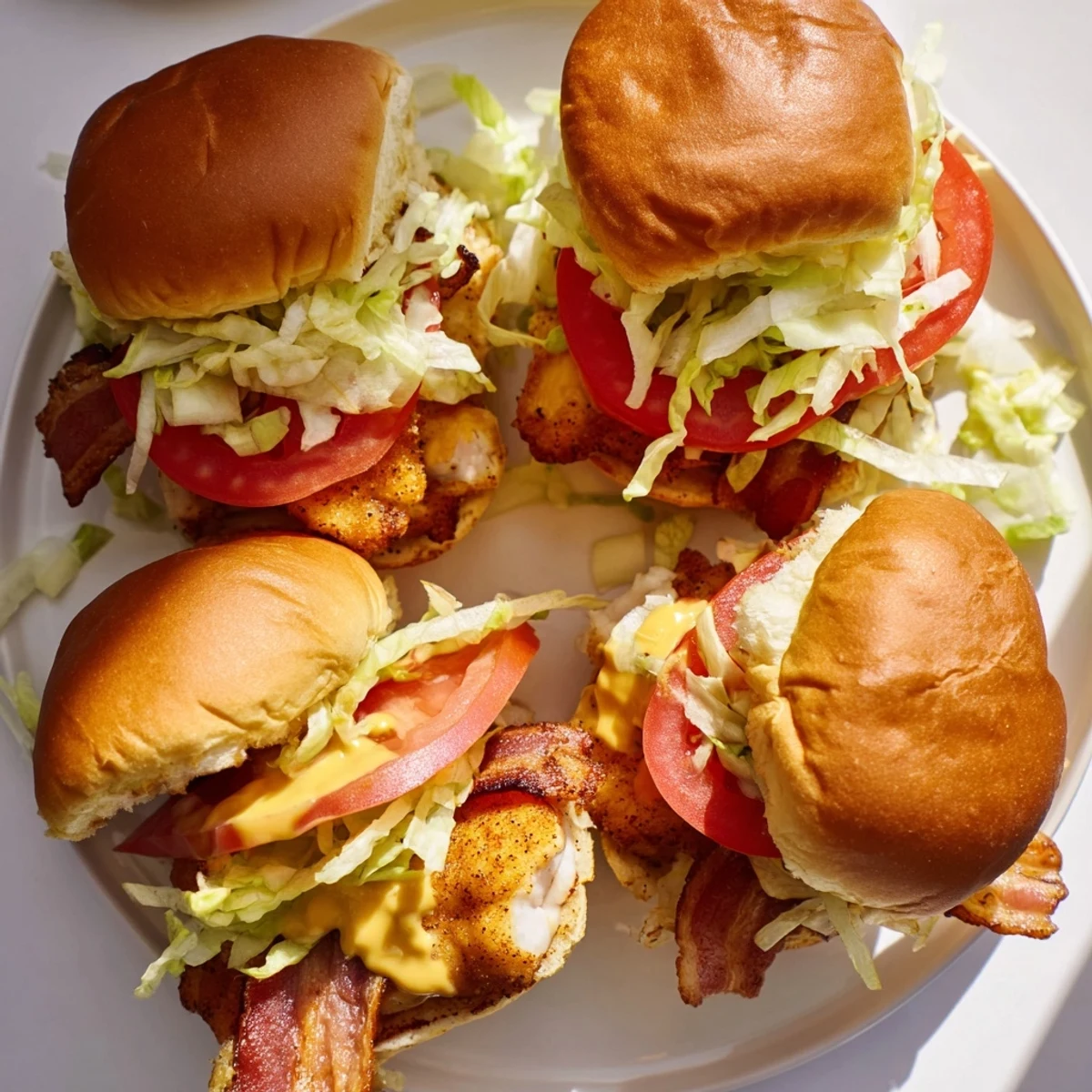 Freshly assembled Honey Mustard BLT Chicken Sliders are ready to serve on a platter, perfect for a party spread.
