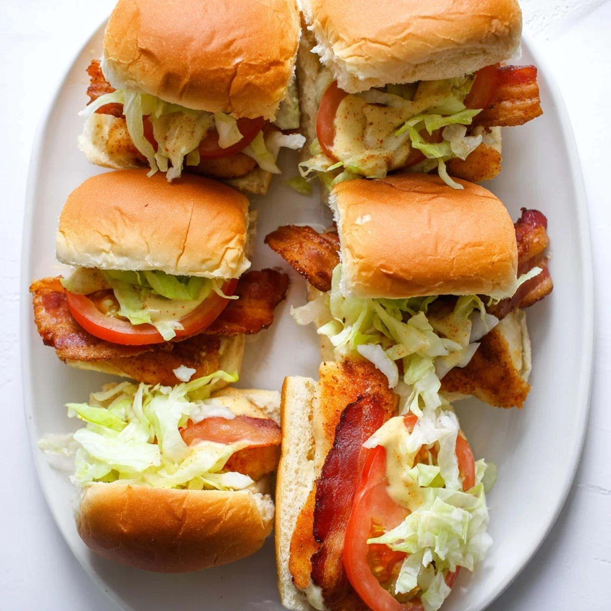 Golden-brown toasted slider buns cradle juicy baked chicken, crisp bacon, fresh lettuce, and ripe tomato with honey mustard sauce.