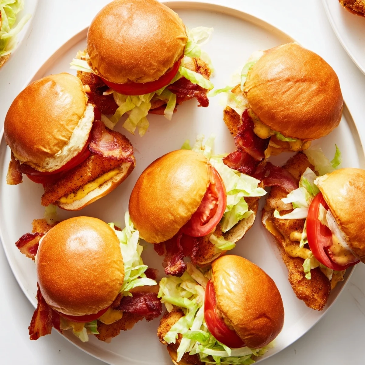 A close-up reveals tender sliced chicken, crunchy bacon, and bright tomato layered with honey mustard sauce inside a soft bun.