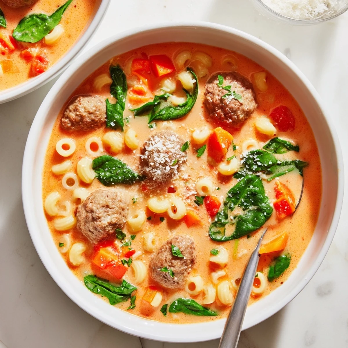 A bowl of creamy Italian meatball soup with tender beef meatballs, ditalini pasta, and wilted spinach in a rich tomato broth, garnished with Parmesan.