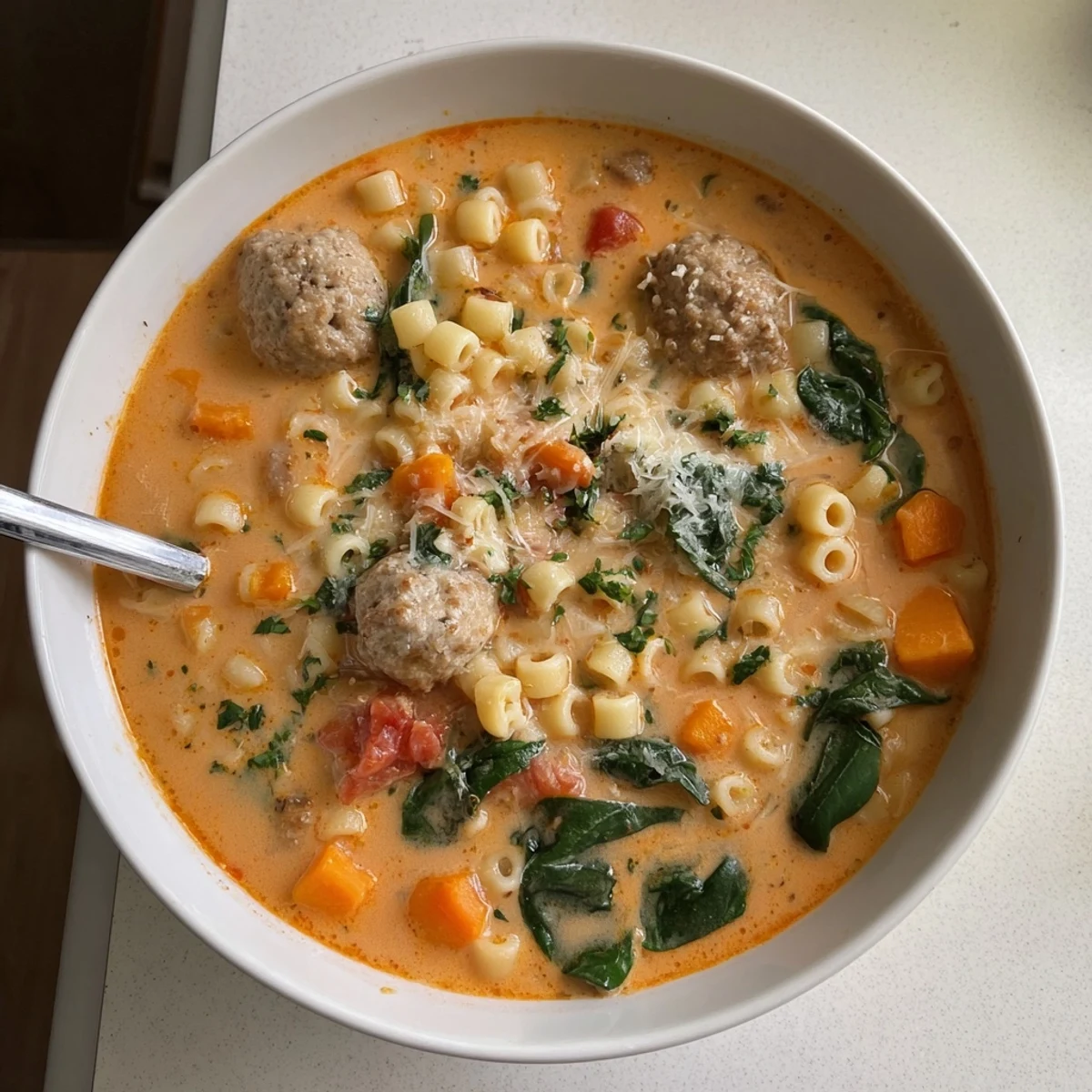 A spoon scooping creamy Italian meatball soup from a deep bowl, revealing the savory blend of vegetables, pasta, and meatballs in a velvety broth.
