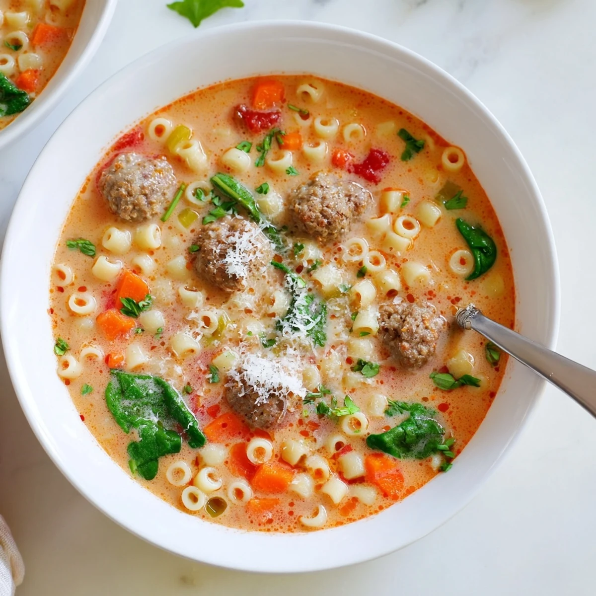 Hearty creamy Italian meatball soup served steaming in a rustic white bowl, topped with fresh basil and alongside crusty Italian bread for dipping.