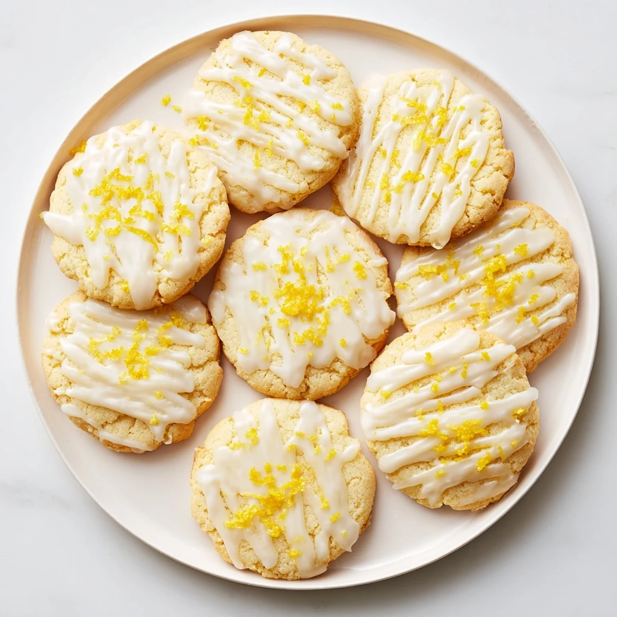 Limoncello cookies with a sweet lemon glaze on a white plate, perfect for spring gatherings.