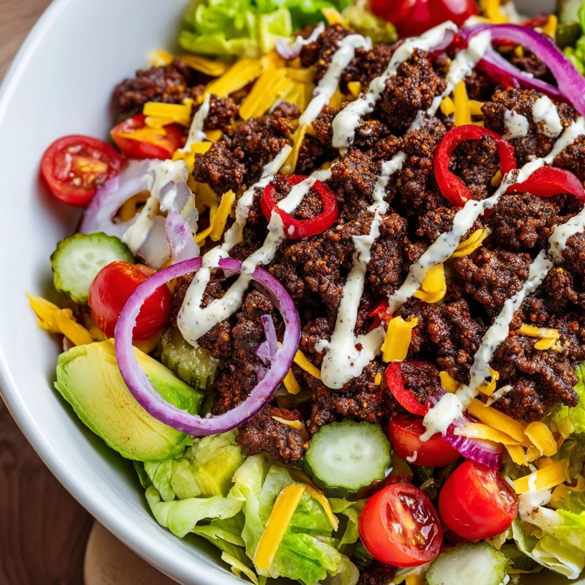 Colorful Burger Bowls with seasoned ground beef, crisp romaine, cheddar, and avocado topped with tangy burger sauce.