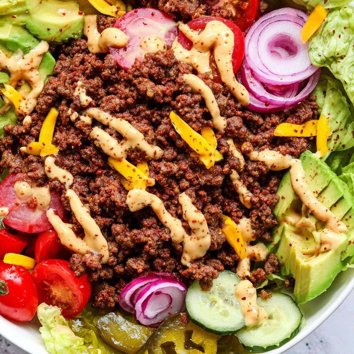 Freshly prepared Burger Bowls featuring juicy beef, cherry tomatoes, pickles, and shredded cheese for an easy low-carb dinner.