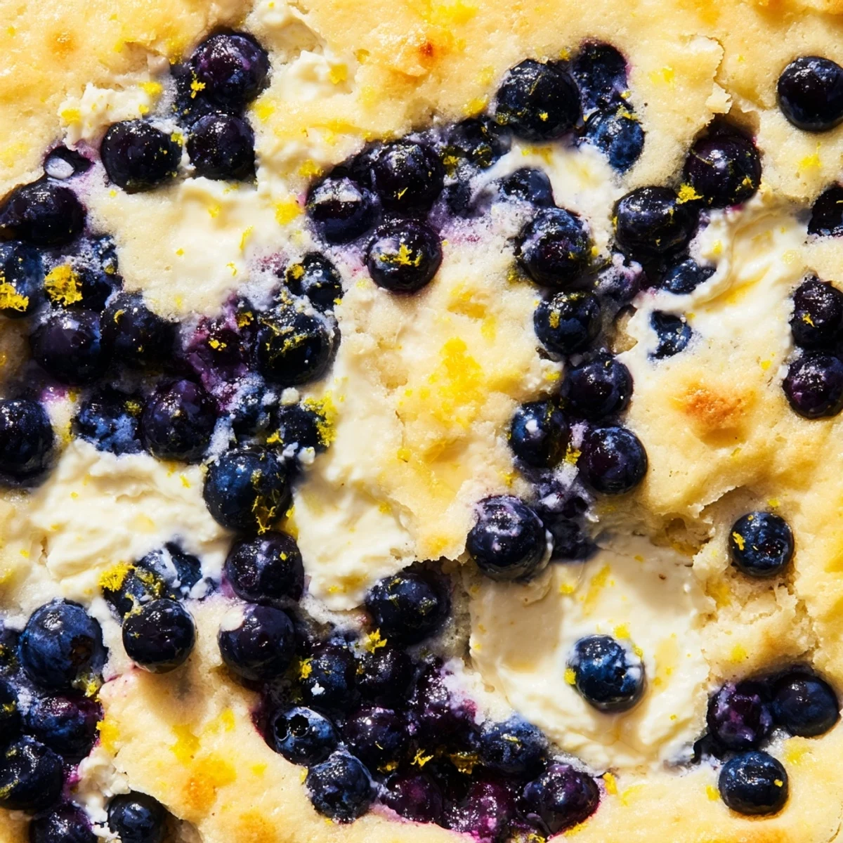 A close-up of Lemon Blueberry Cheesecake Dump Cake shows golden crumbs, vibrant berries, and a melting scoop of vanilla ice cream.