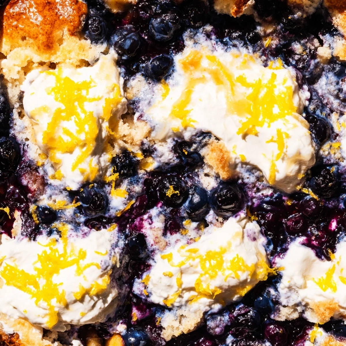 Golden-baked Lemon Blueberry Cheesecake Dump Cake features bubbly blueberries and creamy cheesecake layering under a buttery lemon crust.