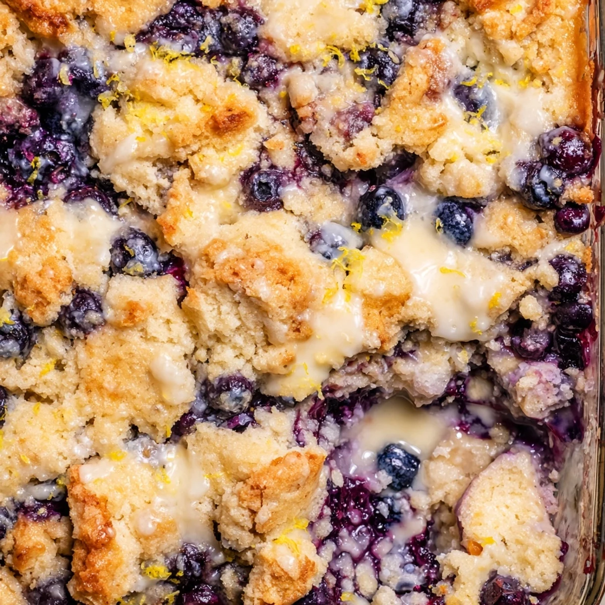 Sliced Lemon Blueberry Cheesecake Dump Cake reveals moist blueberry filling and tangy cheesecake swirls on a white ceramic serving dish.