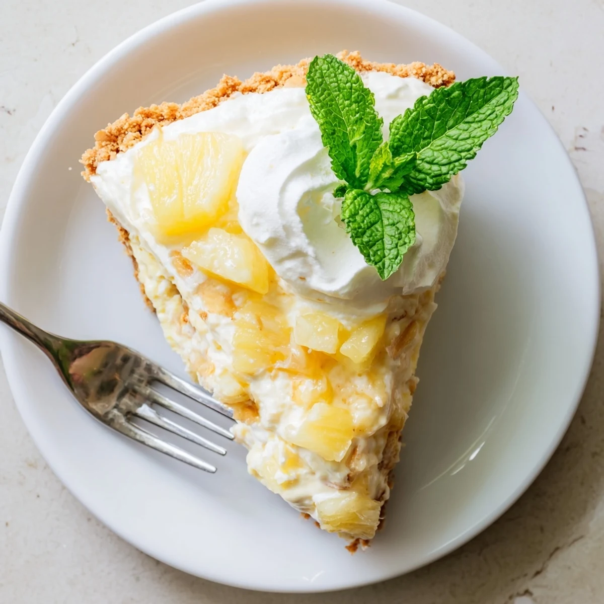 Chilled no bake pineapple cheesecake topped with crushed pineapple and a dollop of whipped cream.